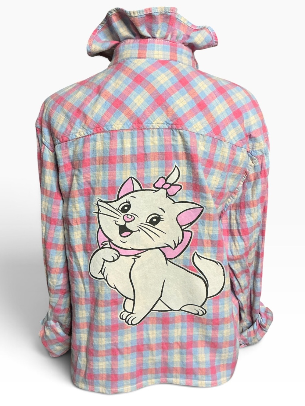 Disney Aristocats Marie Upcycled Flannel T Shirt Ruffle Collar unique